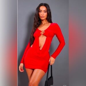 Petite Red Slinky Drape Long sleeve Crop Top and Mini Skirt